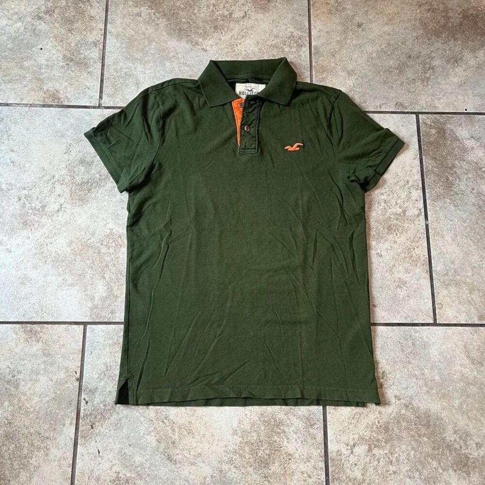 Hollister Pique Polo Olive Green Orange Accent Button Placket Casual Tee size M